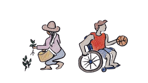 Two people, one harvesting herbs and one playing basketball in a wheelschair to demonstrate actions that can be related to health information.